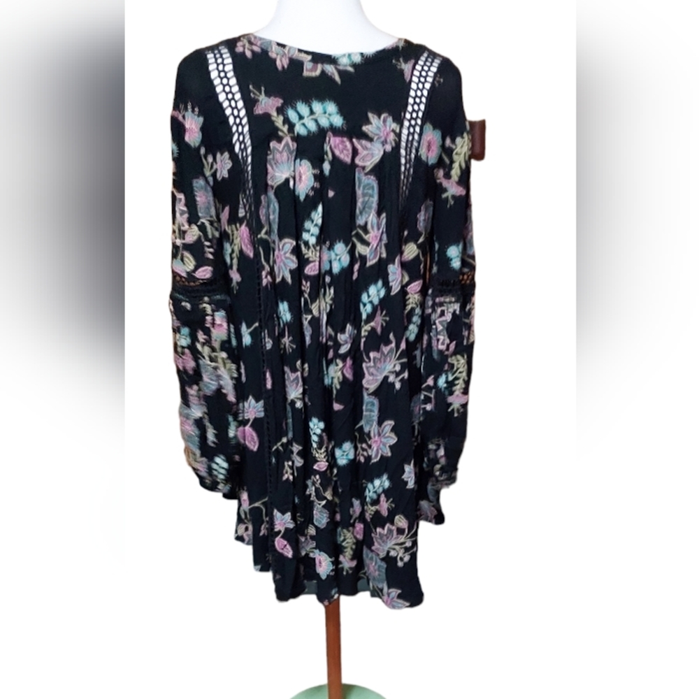 Free People Dress S Mini Knee Length Black Floral Pink Blue Bohemian Cottagecore - Picture 3 of 3